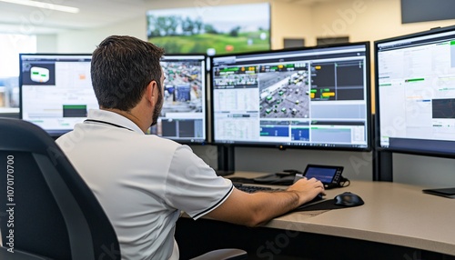 A professional monitoring center with a person sitting in front of multiple screens, analyzing data and visuals for operational insights.