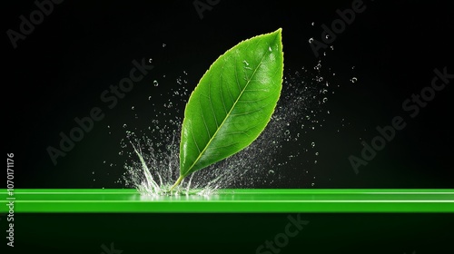 Green Leaf Splashing into Water on Green Surface Nature Freshness Purity Eco Sustainable Clean