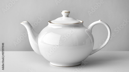 White Porcelain Teapot with Gold Trim on White Background