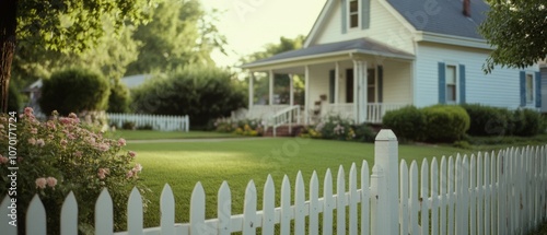 Quaint white house with a lush green lawn and picket fence, an iconic symbol of suburban bliss and idyllic peaceful living.