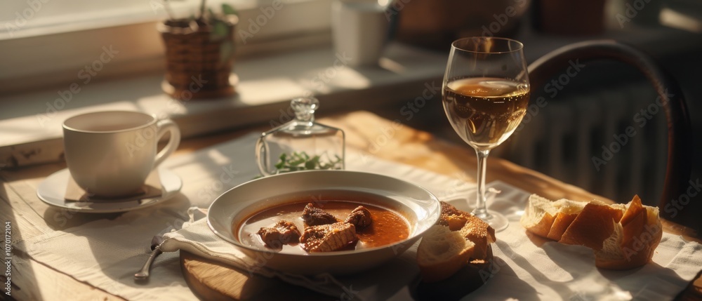 Sunlight bathes a cozy breakfast setting with warm colors, featuring a hearty bowl of stew, bread, a cup, and a wine glass on a wooden table. Sunlight bathes a cozy breakfast setting with warm colors, featuring a hearty bowl of stew, bread, a cup, and a wine glass on a wooden table.