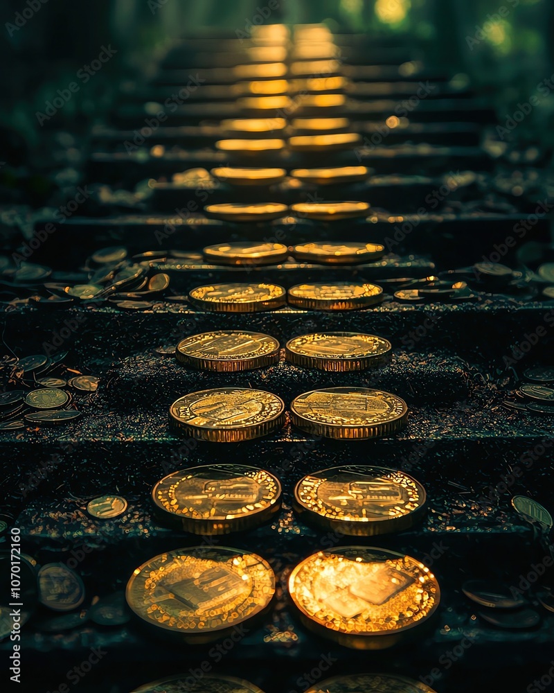 Coins arranged on a path, vibrant lighting Coins arranged on a path, vibrant lighting