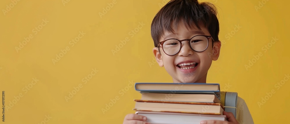 A joyful boy with glasses embraces knowledge, holding an armful of books against a vibrant yellow backdrop. A joyful boy with glasses embraces knowledge, holding an armful of books against a vibrant yellow backdrop.