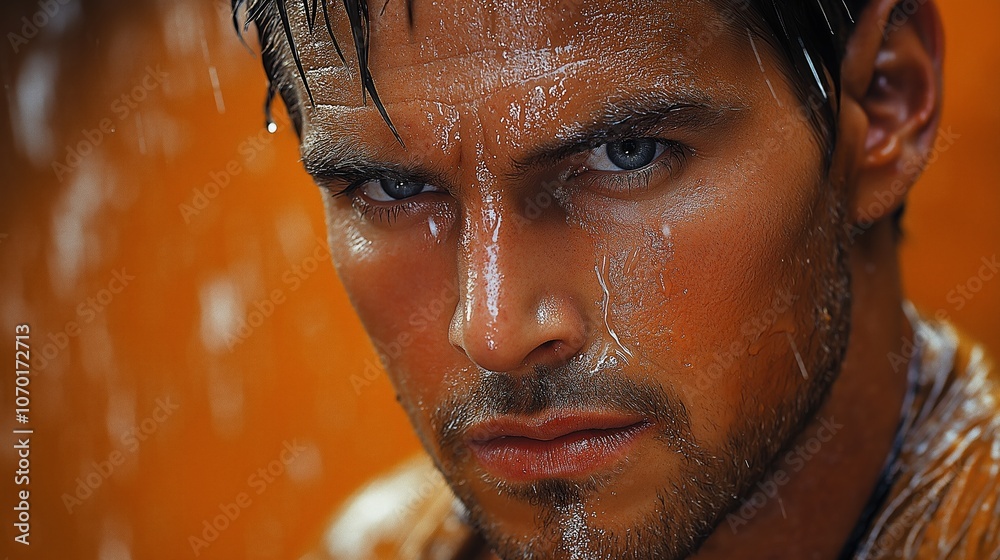 Intense close-up portrait of a man with wet face and orange background. Intense close-up portrait of a man with wet face and orange background.