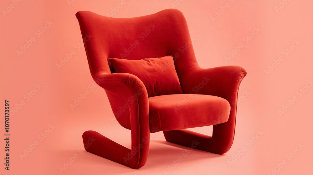 Naklejka premium Modern Red Armchair with Pillow Comfortable Seating Interior Design Home Decor