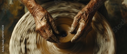 Weathered hands skillfully mold clay on a spinning potter's wheel, capturing a moment of creation and craftsmanship. photo