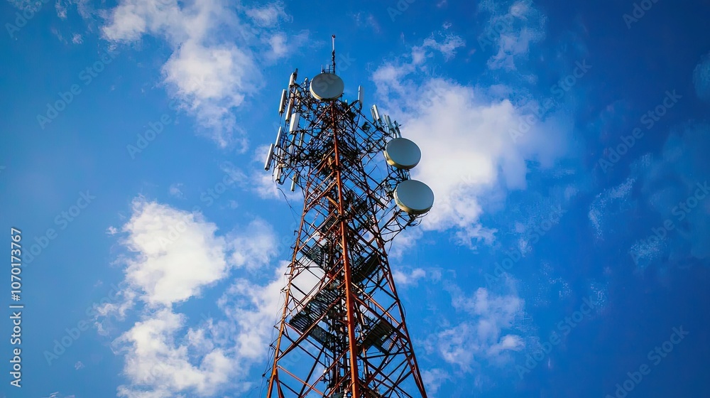 A low-angle view of a tall cell phone tower against a bright blue sky with white clouds. A low-angle view of a tall cell phone tower against a bright blue sky with white clouds.