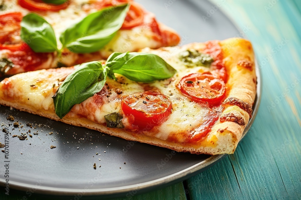 Close-up of a slice of pizza with tomato, mozzarella, and basil on a black plate Close-up of a slice of pizza with tomato, mozzarella, and basil on a black plate