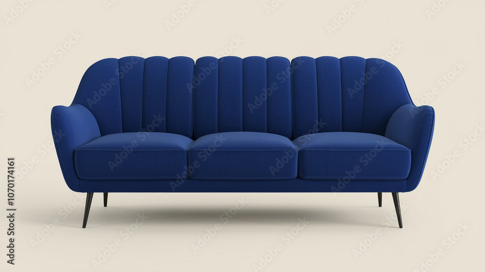 Modern Blue Velvet Sofa with Channel Back and Black Legs