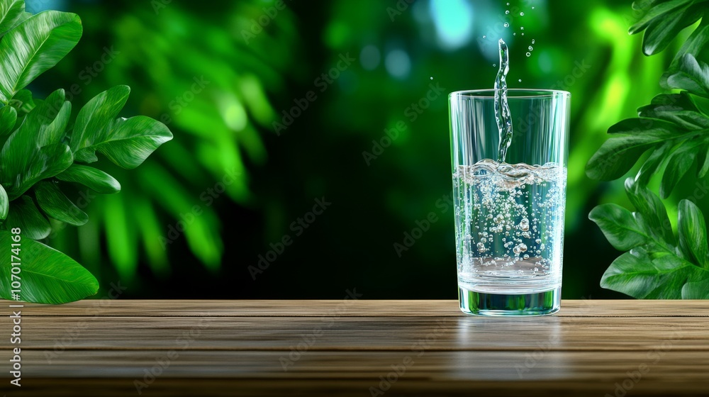 Refreshing Glass of Water on Wooden Table with Lush Greenery Background Refreshing Glass of Water on Wooden Table with Lush Greenery Background