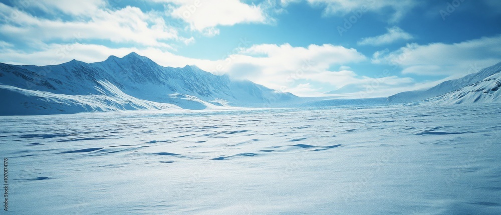 Snowy landscape under a clear blue sky, with expansive mountains in the background, portraying untouched natural beauty and tranquility.