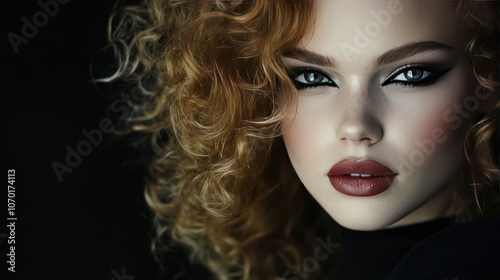 Portrait of a Young Woman with Curly Hair and Bold Makeup