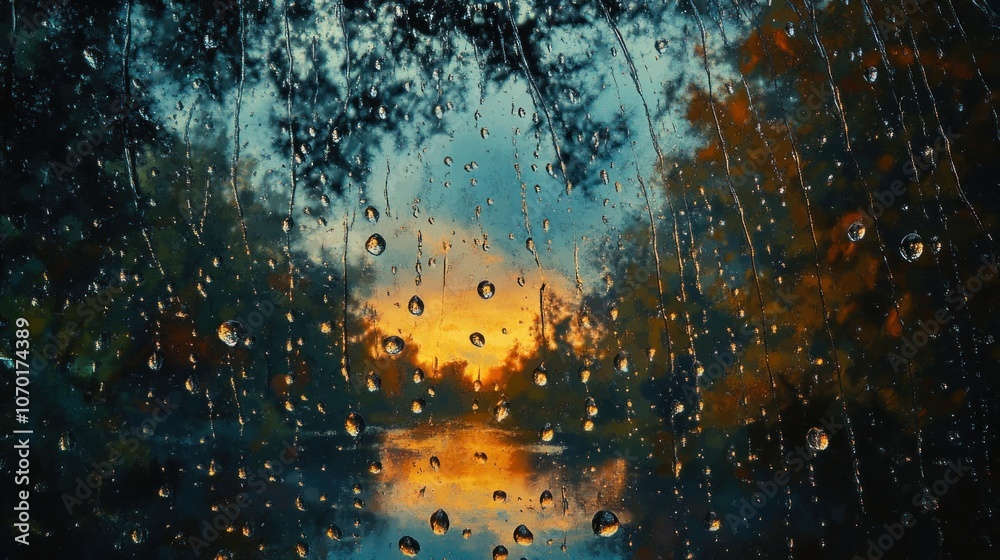 Raindrops on a Window with Sunset