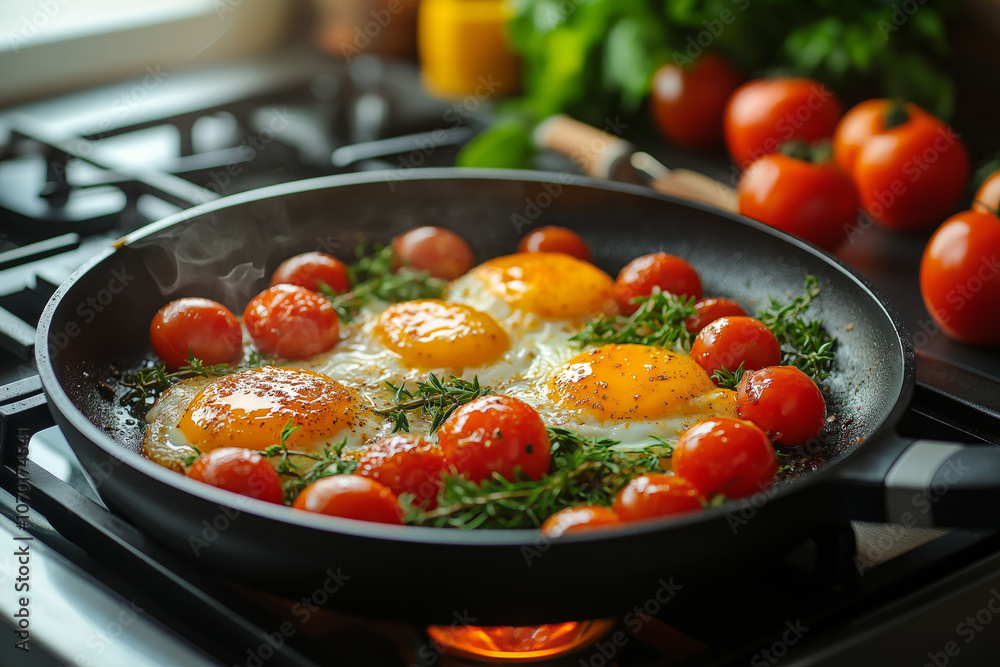 Sunny-side-up eggs with tomatoes and herbs sizzle in a black pan. Sunny-side-up eggs with tomatoes and herbs sizzle in a black pan.