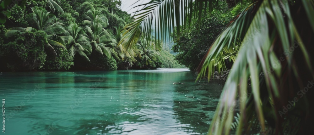 Naklejka premium A tropical river winds through lush greenery, creating a serene and tranquil jungle escape.