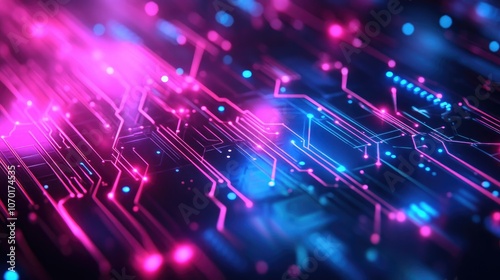 Captivating Close-Up of a Circuit Board with Bold Pink and Blue Lines, Showcasing the Intersection of Technology and Design. Perfect for High-Tech Themes and Digital Innovation Concepts.