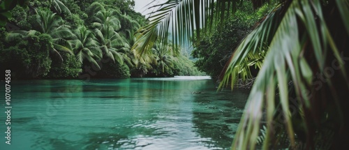 A tropical river winds through lush greenery, creating a serene and tranquil jungle escape.