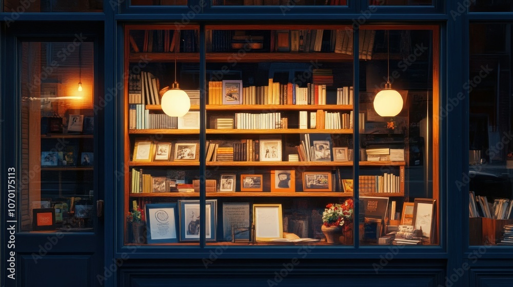 Cozy Bookstore Display at Dusk with Warm Lighting
