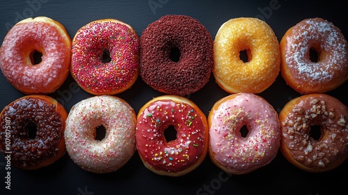 Colorful Assorted Donuts Displayed on Dark Background