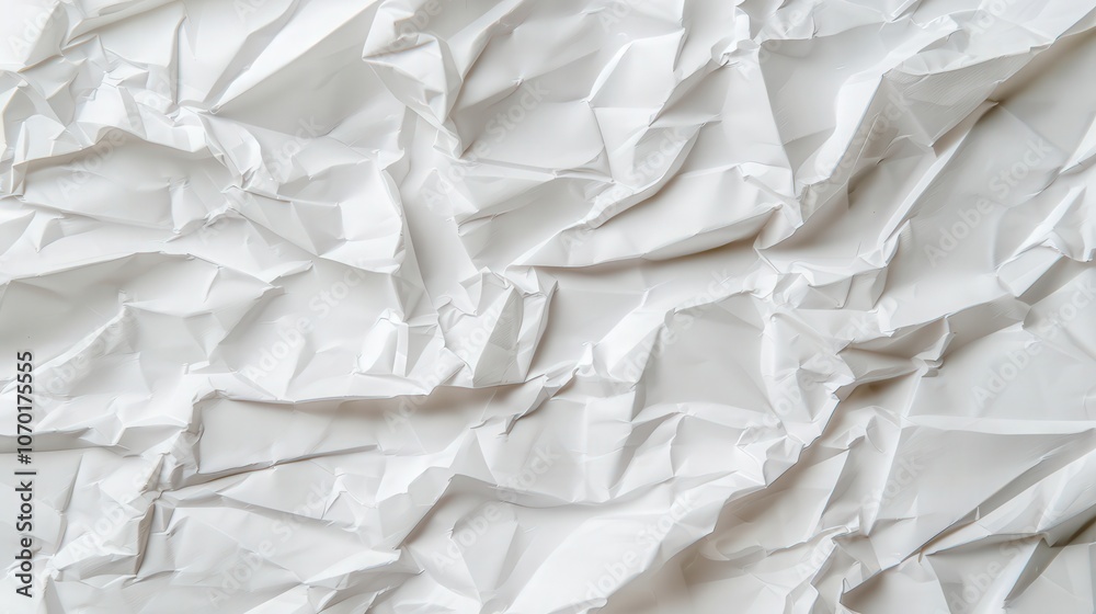 Crumpled Paper Texture, an isolated piece of crumpled paper with sharp creases and intricate folds on a white backdrop, minimalist design with ample space for text.