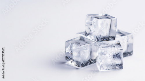 Ice Cubes on White Background, a minimalist composition showcasing glistening ice cubes arranged on a clean surface, emphasizing clarity and simplicity with ample text space.