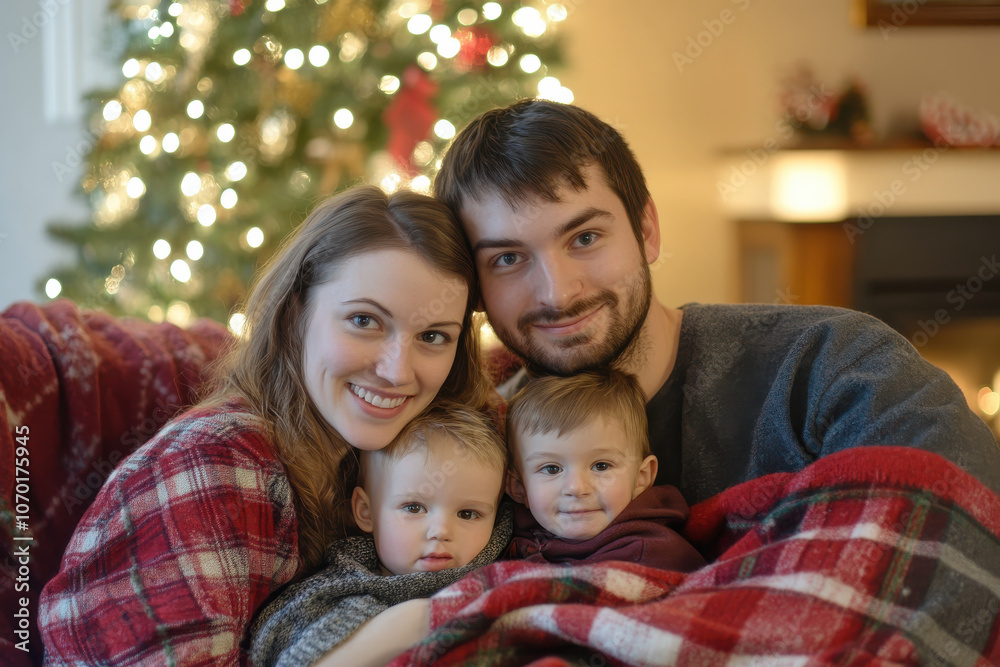 family of four smiles together in front of Christmas tree. family is dressed in cozy sweaters and blankets, and they look very happy family of four smiles together in front of Christmas tree. family is dressed in cozy sweaters and blankets, and they look very happy