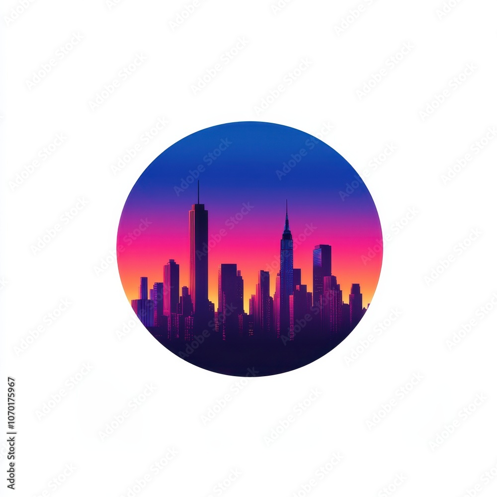 Vibrant skyline against colorful circle Vibrant skyline against colorful circle