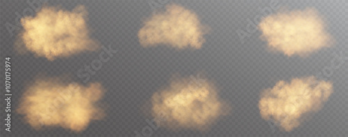 Dust cloud. Desert smoke. Sandstorm. Brown flying particle. 3D smog explosion. Grain spray with glitter.