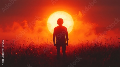 A lone figure stands in a field of tall grass as the sun sets in a fiery sky.