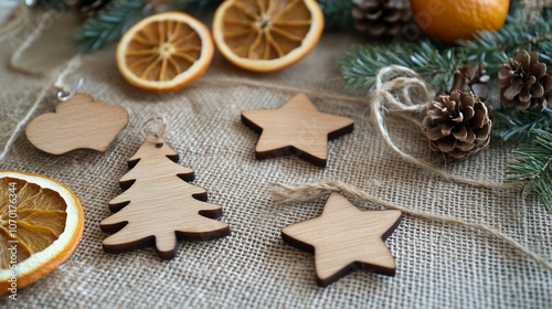 Wooden ornament cutouts trees, stars, hearts on a burlap background, with some twine and dried orange slices for a rustic touch photo