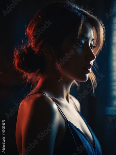 a picture of a woman in the dark room with a captivating atmosphere