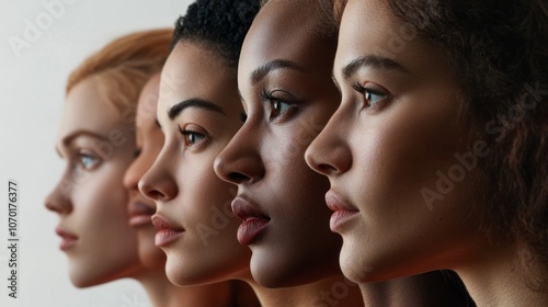 Four women with different skin tones and features are lined up