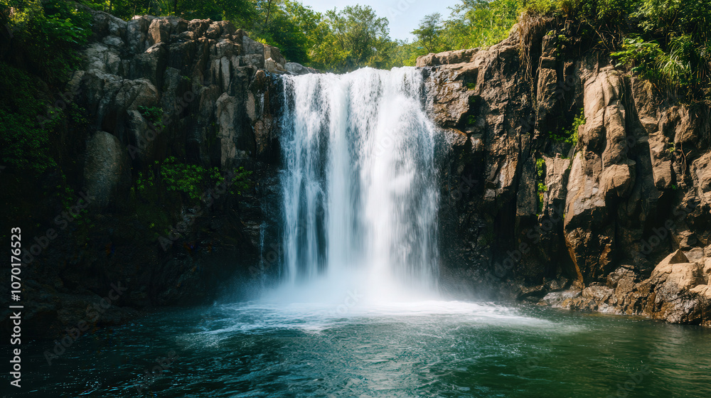 Tropical Waterfall Oasis, a serene scene of cascading water surrounded by lush greenery, sunlight filtering through leaves, inviting a refreshing summer vibe and ample room for text. Tropical Waterfall Oasis, a serene scene of cascading water surrounded by lush greenery, sunlight filtering through leaves, inviting a refreshing summer vibe and ample room for text.