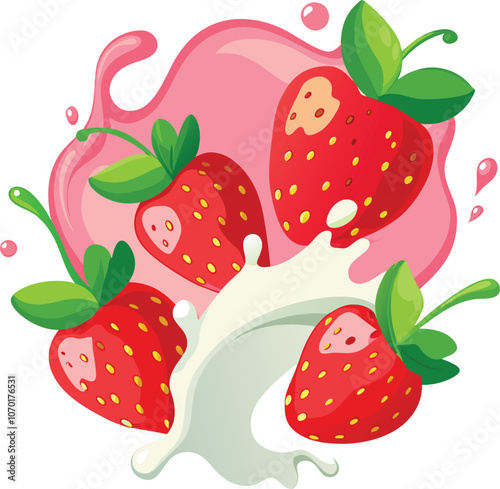 set of fresh strawberries splashing into cream milk