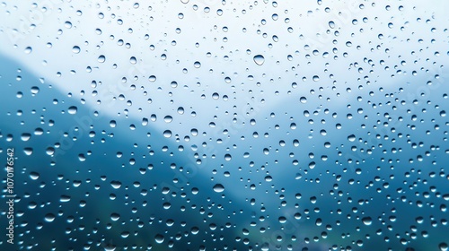 Serene Mountain Vista Through Raindrop-Flecked Glass, A tranquil scene where droplets cling to a window, framing a soft, mist-covered mountain landscape, perfect for personal reflections.