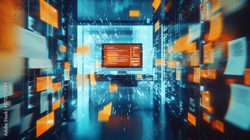 Modern Document Digitization Process with AI and Scanning Technology in a High-Tech Office Setting Showing Data Conversion Techniques
