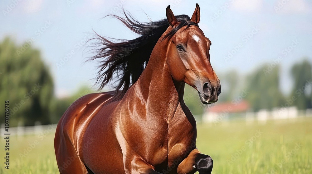 Obraz premium A brown horse with a black mane running through a field