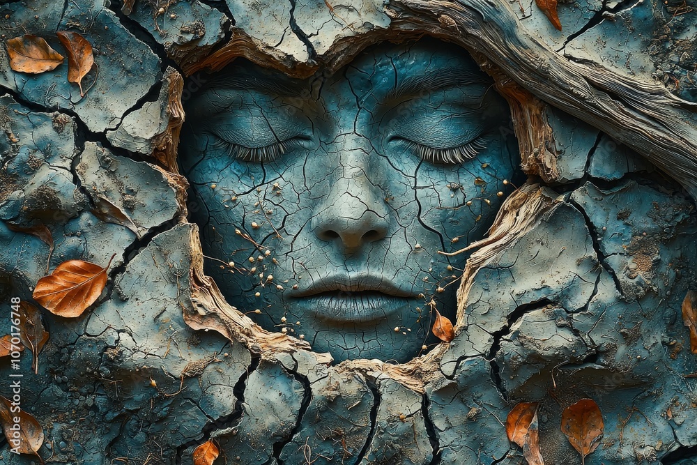 Earthy fusion: a serene face blending with cracked terrain and autumn leaves