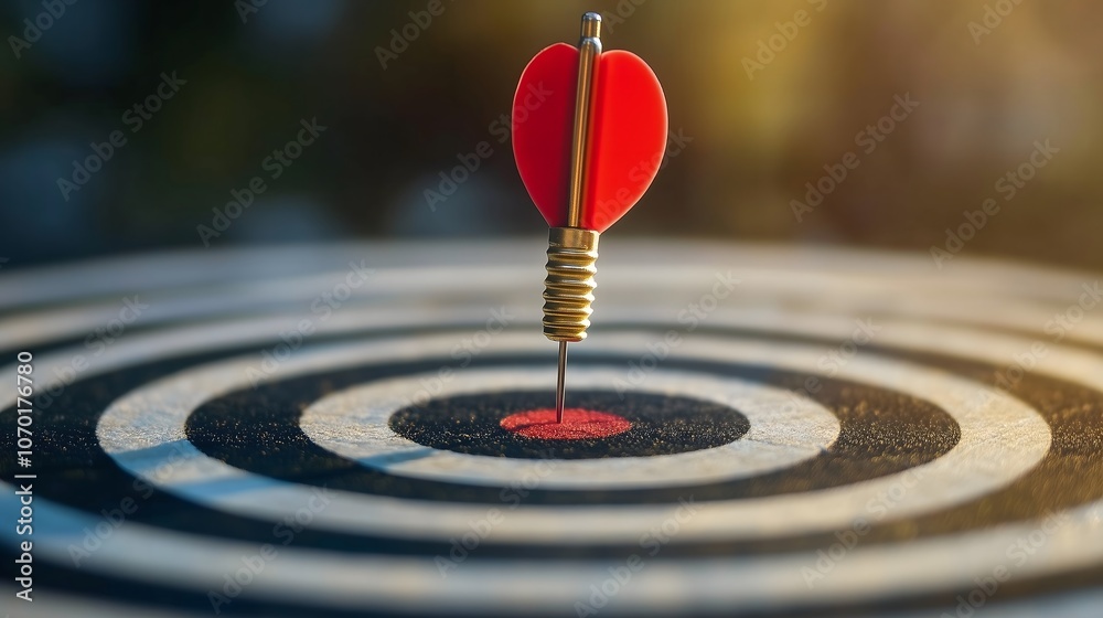 Red dart arrow hitting bullseye target center on dartboard with dramatic lighting and blurred background, copy space Red dart arrow hitting bullseye target center on dartboard with dramatic lighting and blurred background, copy space