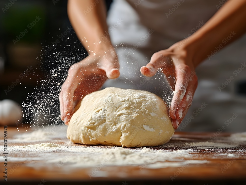 A person kneading bread dough on a floured wooden surface, with flour dusting the kitchen counter and hands in motion. A person kneading bread dough on a floured wooden surface, with flour dusting the kitchen counter and hands in motion.