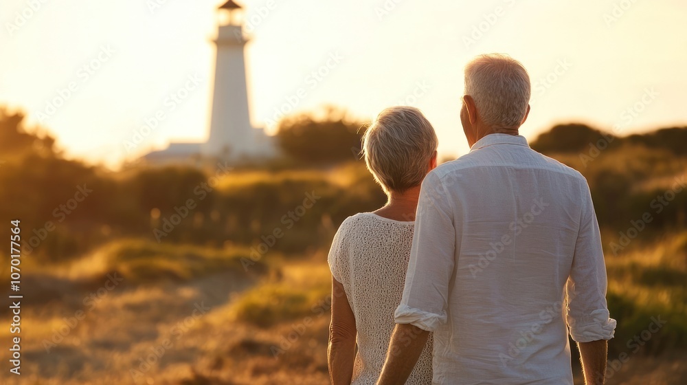 Elderly Couple Gazing at a Lighthouse During Golden Hour Elderly Couple Gazing at a Lighthouse During Golden Hour
