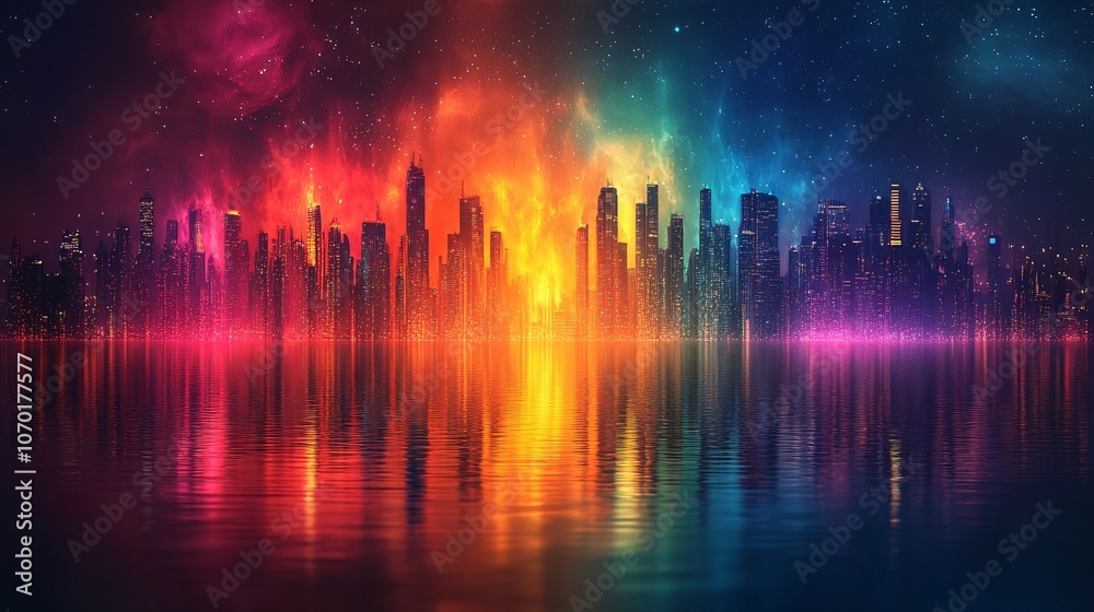 Vibrant Forex Chart Cityscape at Dusk with Reflections and Stars in Sky for Finance and Business Themes
