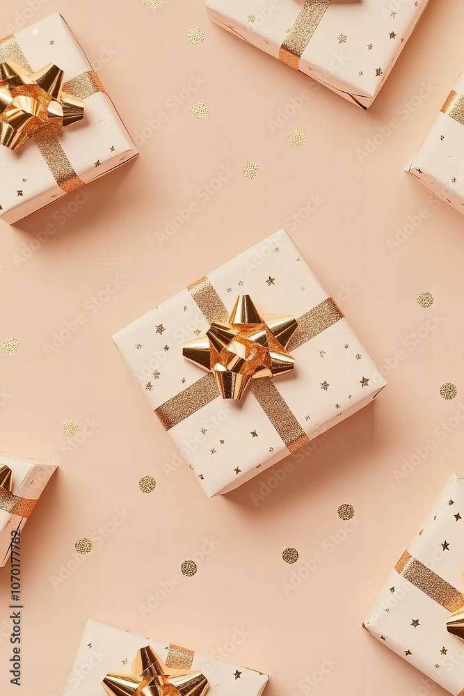 Luxurious Gift Boxes with Gold Bows for Holiday, Celebration, and Special Occasions – Elegant Gift Wrapping on Neutral Background for Christmas, Birthday, and Festive Designs