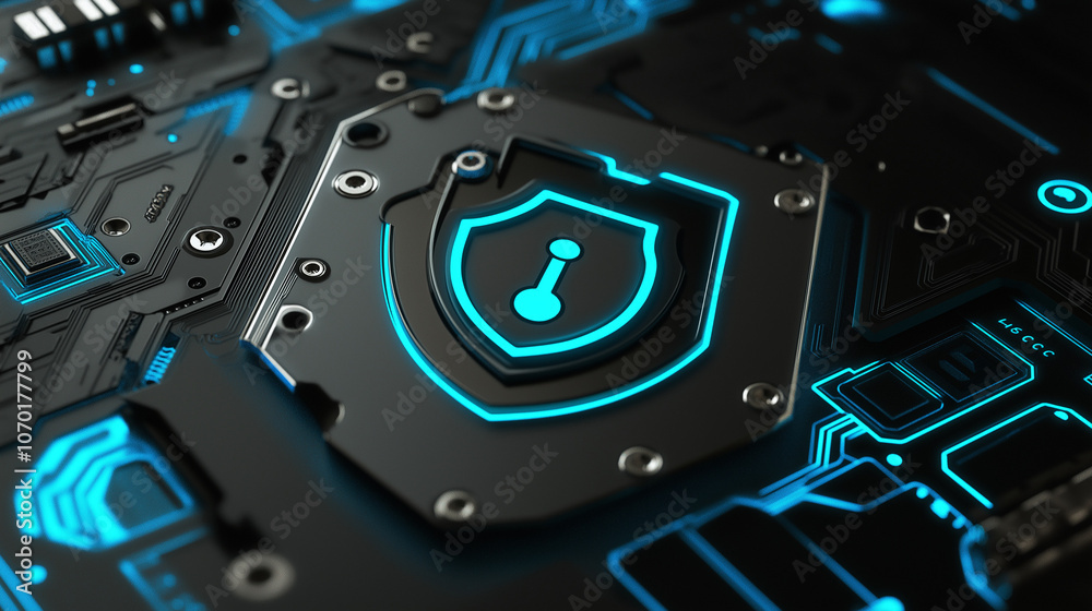Fototapeta premium 3D digital ID token with a shield and key symbol