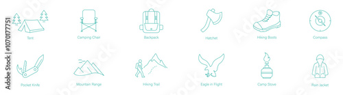 Vector Icon Set of Tent, Camp Chair, Backpack, Hatchet, Hiking Boots, Compass, Poker Knife, Mountain Range, Hiking Trail, Eagle in Flight, Camp Stove, and Rain Jacket for Outdoor Exploration