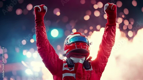 Silhouette of race car driver celebrating victory in the race against bright stadium lights,  falling confetti and fire show with explosions.