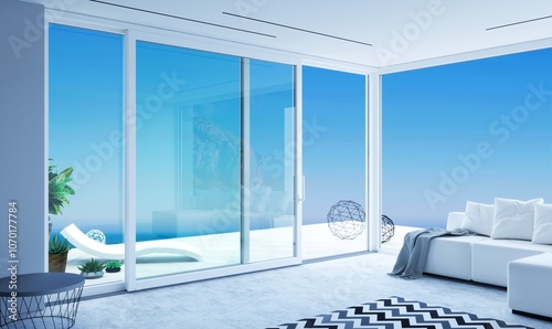 Automatic white sliding doors sea villa patio facade mockup