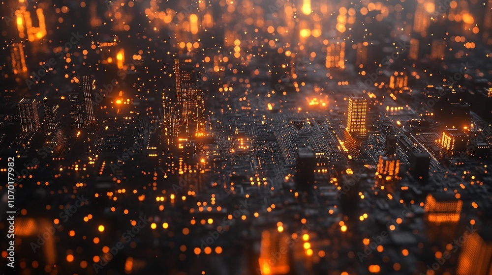Obraz premium Futuristic Circuit Board with Glowing Orange Lights in a High-Tech Digital Environment, Symbolizing Advanced Technology 