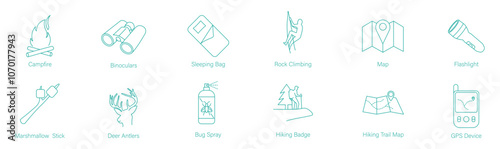 Vector Icon Set of Campfire, Binoculars, Sleeping Bag, Rock Climbing, Map, Flashlight, Marshmallow Stick, Deer Antlers, Bug Spray, Hiking Badge, Hiking Trail Map, and GPS Device for Outdoor Adventure