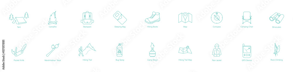 Vector Icon Set of Tent, Campfire, Backpack, Sleeping Bag, Hiking Boots, Map, Compass, Camping Chair, Binoculars, Poker Knife, Marshmallow Stick, Hiking Trail, Bug Spray, Camp Stove, Hiking Trail Map Vector Icon Set of Tent, Campfire, Backpack, Sleeping Bag, Hiking Boots, Map, Compass, Camping Chair, Binoculars, Poker Knife, Marshmallow Stick, Hiking Trail, Bug Spray, Camp Stove, Hiking Trail Map